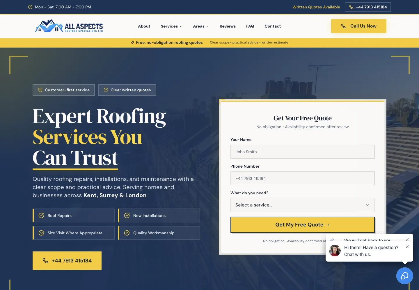 Screenshot of the All Aspects Roofing website
