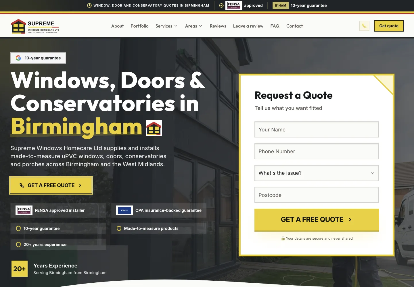 Screenshot of the Supreme Windows Homecare website